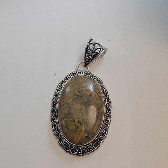 Necklace Pendants Rainforest Jasper Handmade Jewelry in Ornate Sterling Silver - Picture 2 of 10